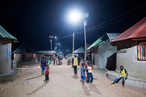 Solar streetlights in an African village
